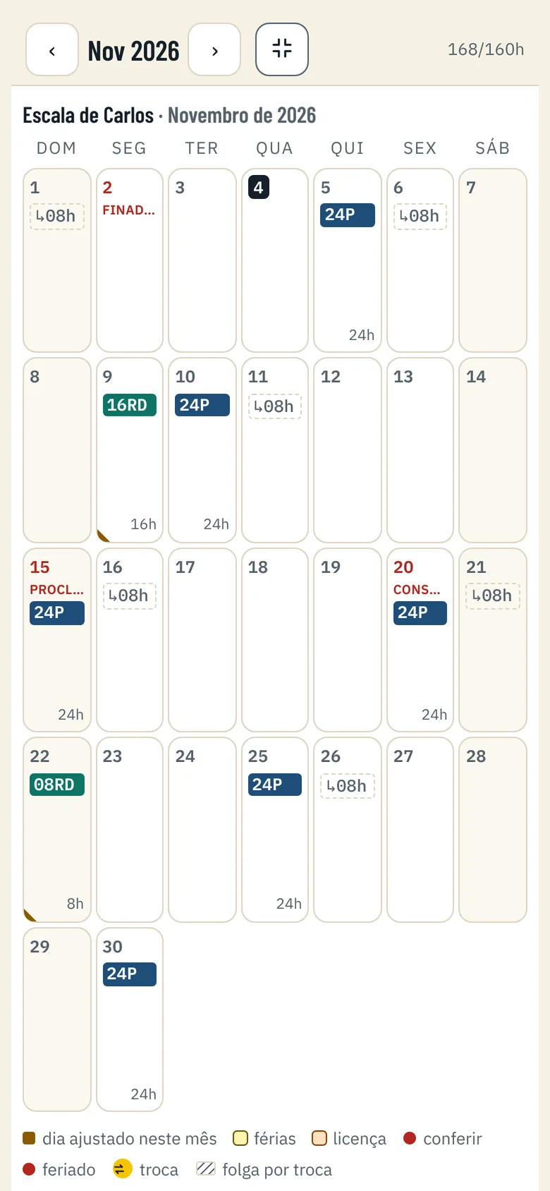 Calendário de novembro do ToQueDia em tela cheia, com plantões, reforços e horas do mês no topo