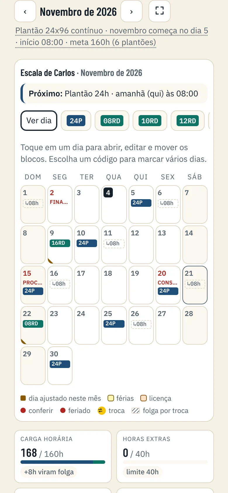 Tela Minha escala do ToQueDia: calendário de novembro com plantões 24P, reforços e a carga do mês em 168 de 160 horas
